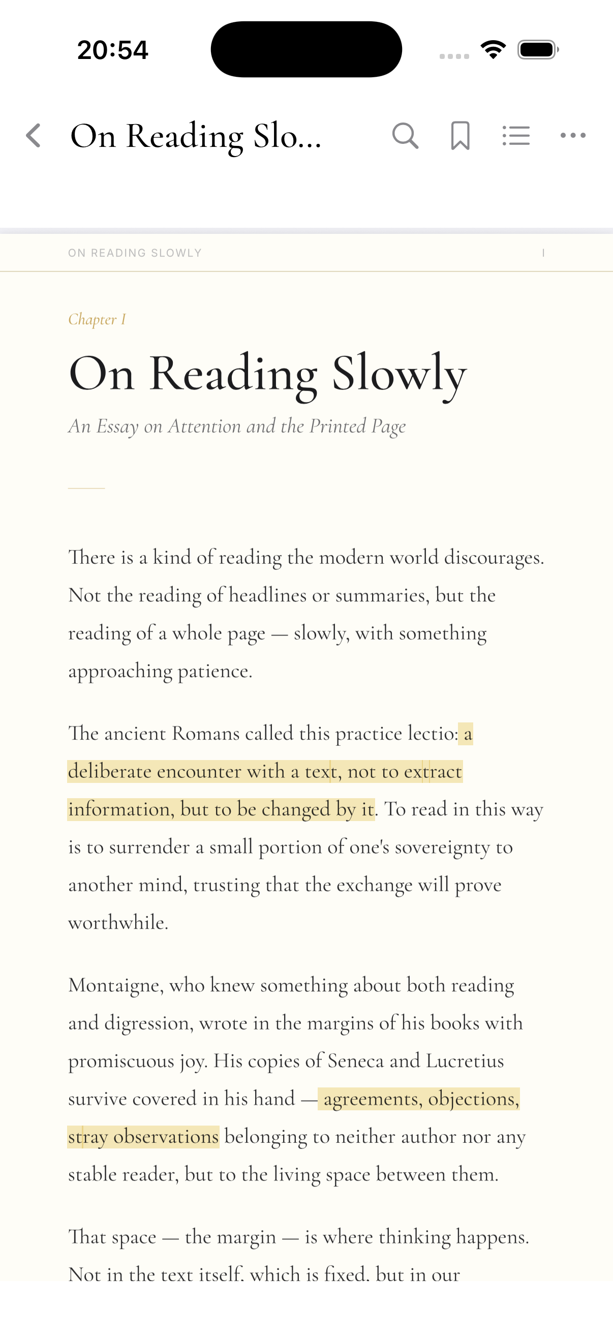 Distill app showing a highlighted PDF — On Reading Slowly
